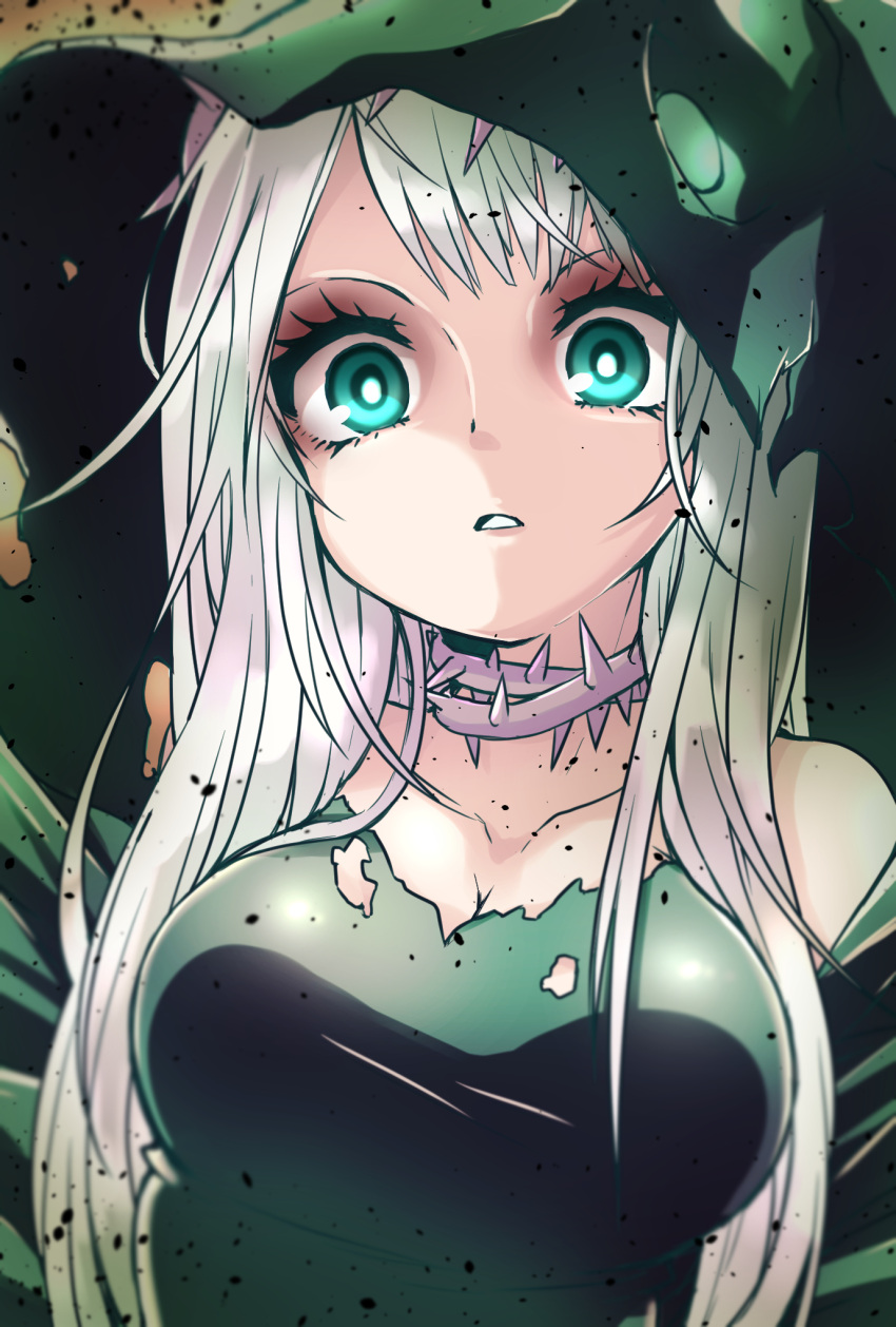 1girl, aqua_eyes, breasts, choker, cleavage, collarbone, debris, dress