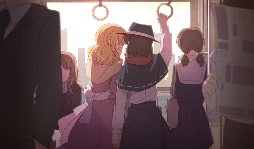 4girls, alternate_costume, bag, black_hat, black_skirt, black_suit, blonde_hair, blue_necktie