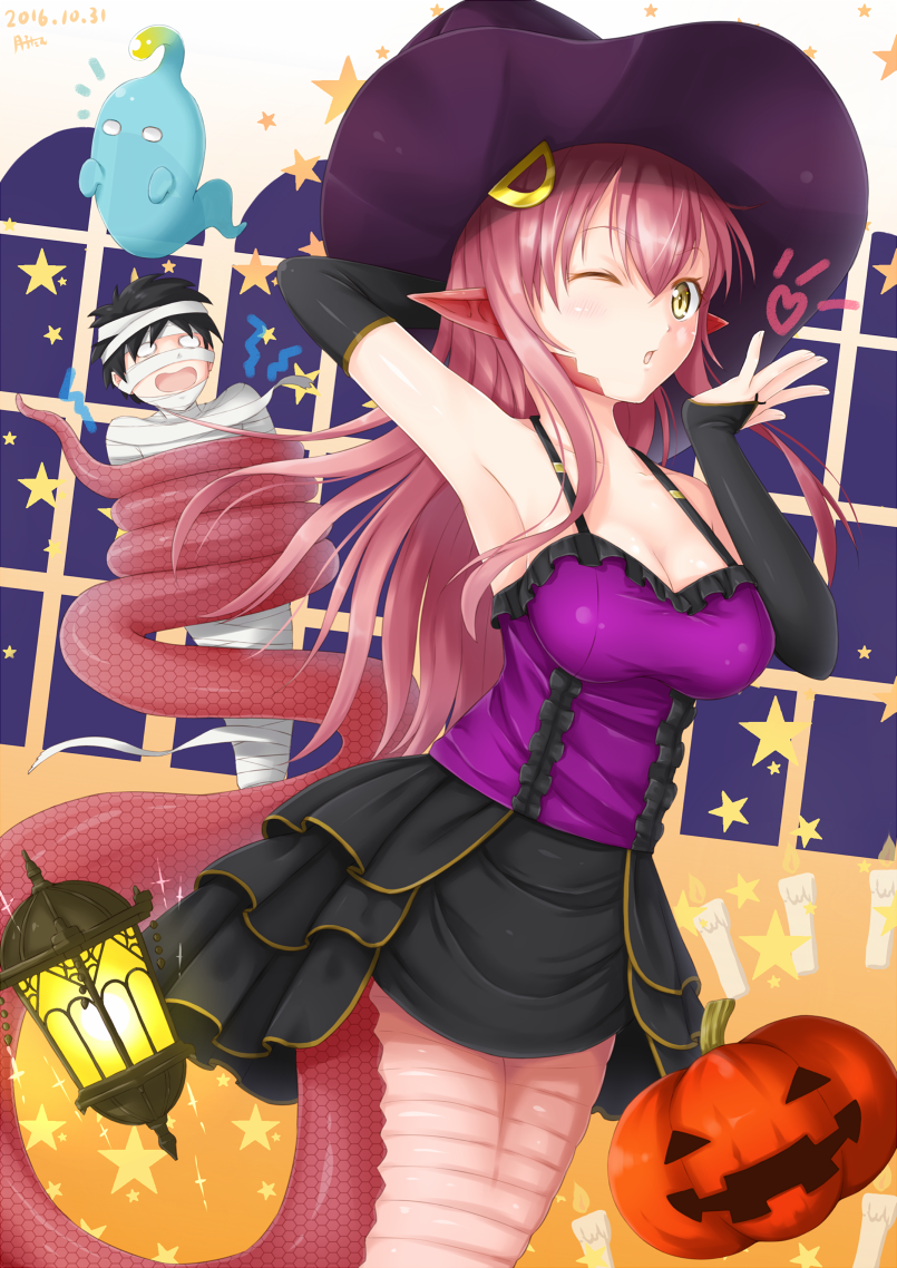 1boy, 2016, 2girls, ahoge, arm_behind_head, armpits, black_hair, blank_eyes