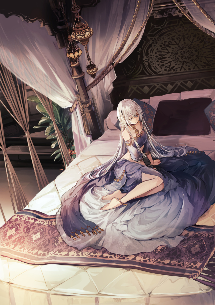 1girl, absurdres, anklet, barefoot, bed, bracelet, collarbone, crop_top