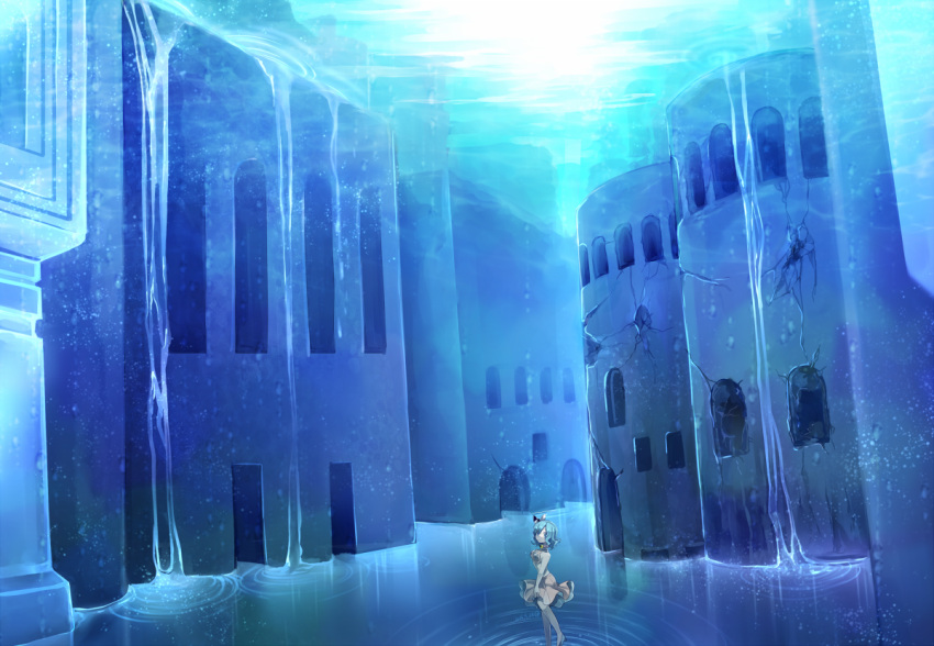1girl, bare_shoulders, bikini_top, blue, blue_hair, building, cracked_wall, fukurahagi_uomaru