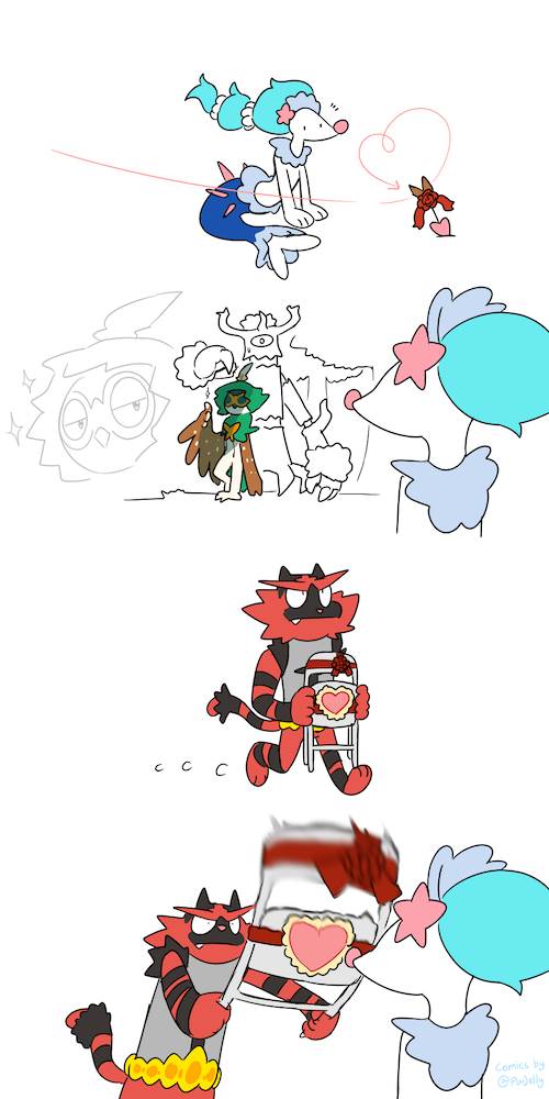 arrow, bird, chair, decidueye, folding_chair, heart, hood, hoodie, incineroar, owl, plainwhite, pokemon, pokemon_(creature), pokemon_(game), pokemon_sm, primarina, seal, tiger, tree, trevenant