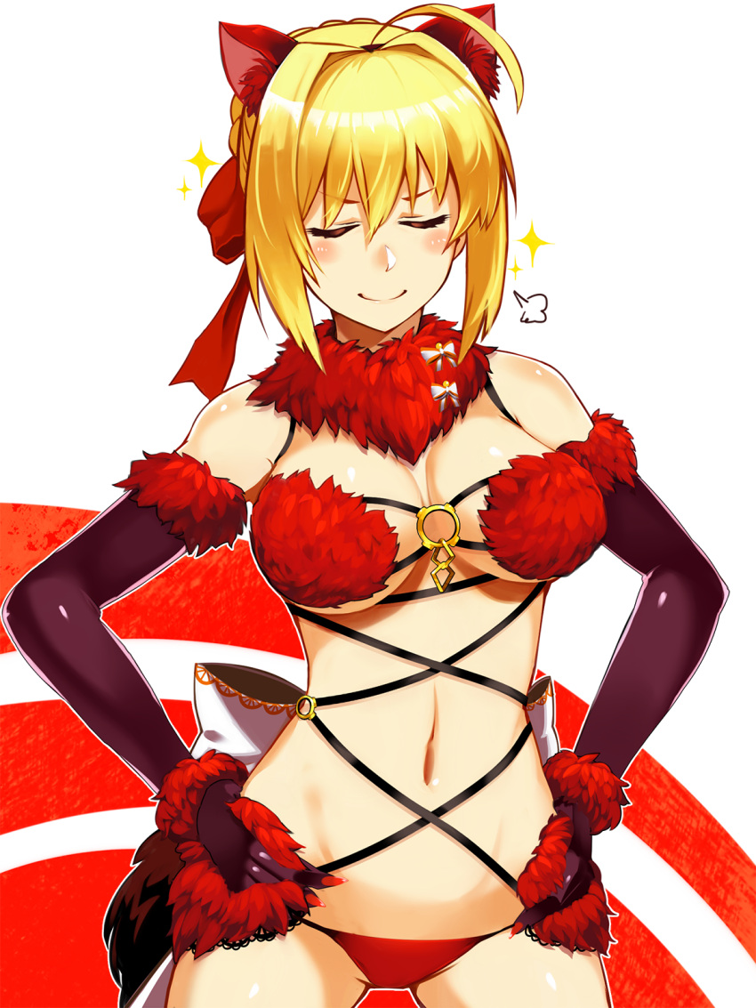1girl, animal_ears, bare_shoulders, breasts, cleavage, closed_eyes, elbow_gloves, fate/extra