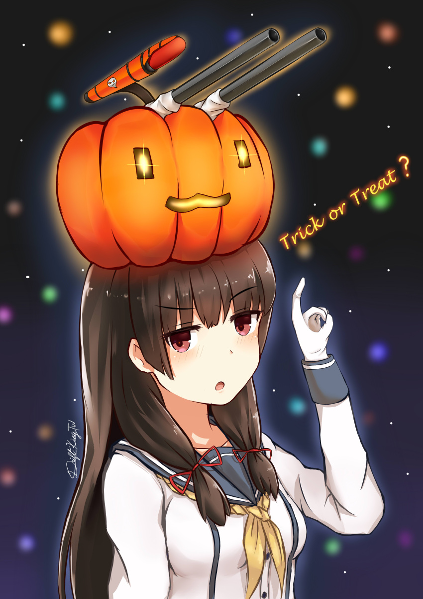 12.7cm_twin_gun_mount, :o, absurdres, black_hair, driftkingtw, gloves, hair_ribbon, halloween, highres, isokaze_(kantai_collection), kantai_collection, long_hair, long_sleeves, neckerchief, open_mouth, red_eyes, ribbon, school_uniform, serafuku, white_gloves