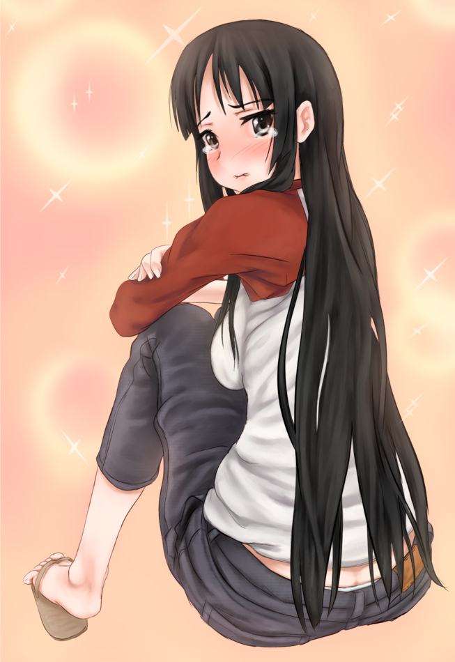 black_eyes, black_hair, blush, butt_crack, downpants, jeans, k-on!, long_hair