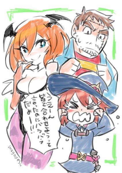 1boy, 2girls, bare_shoulders, bat_print, bat_wings, breasts, brown_hair, cleavage