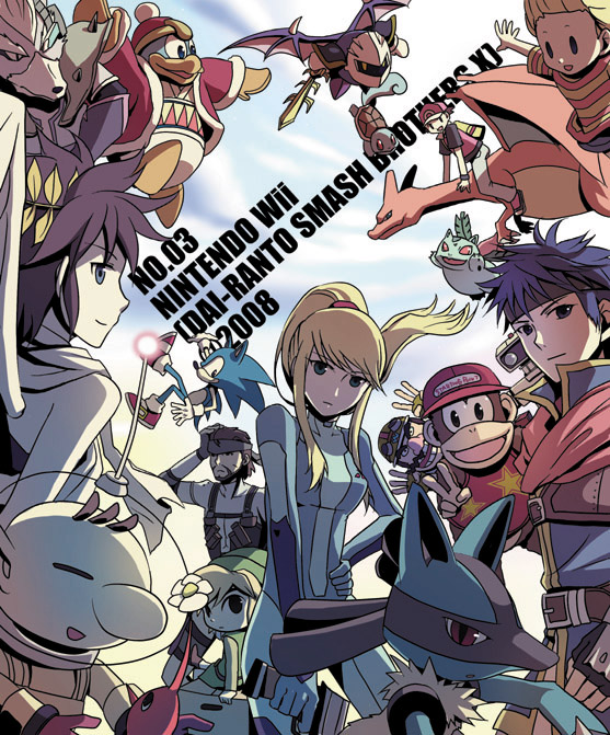 1girl, 6+boys, blue_eyes, blue_hair, brown_hair, charizard, diddy_kong, fire_emblem