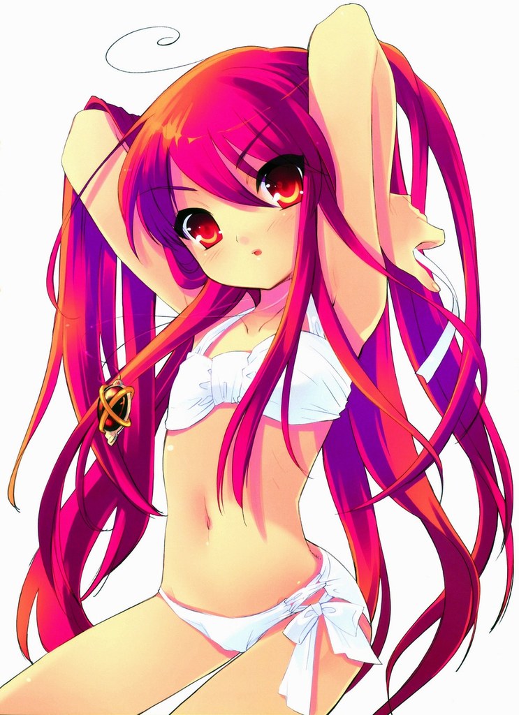 blush, hand_over_head, long_hair, navel, necklace, red_eyes, redhead, shakugan_no_shana