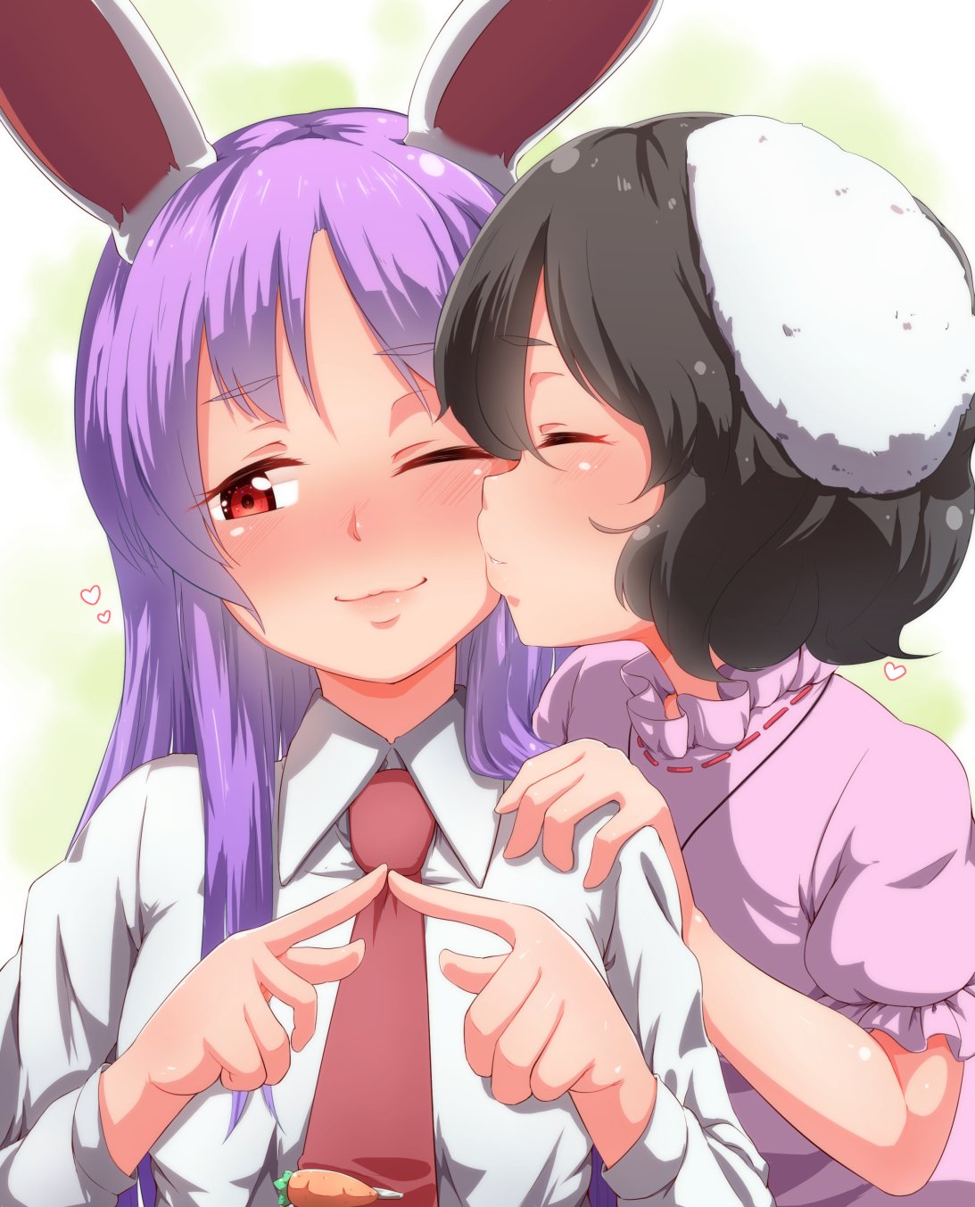 2girls, animal_ears, blazer, blush, carrot, cheek_kiss, dress, embarrassed