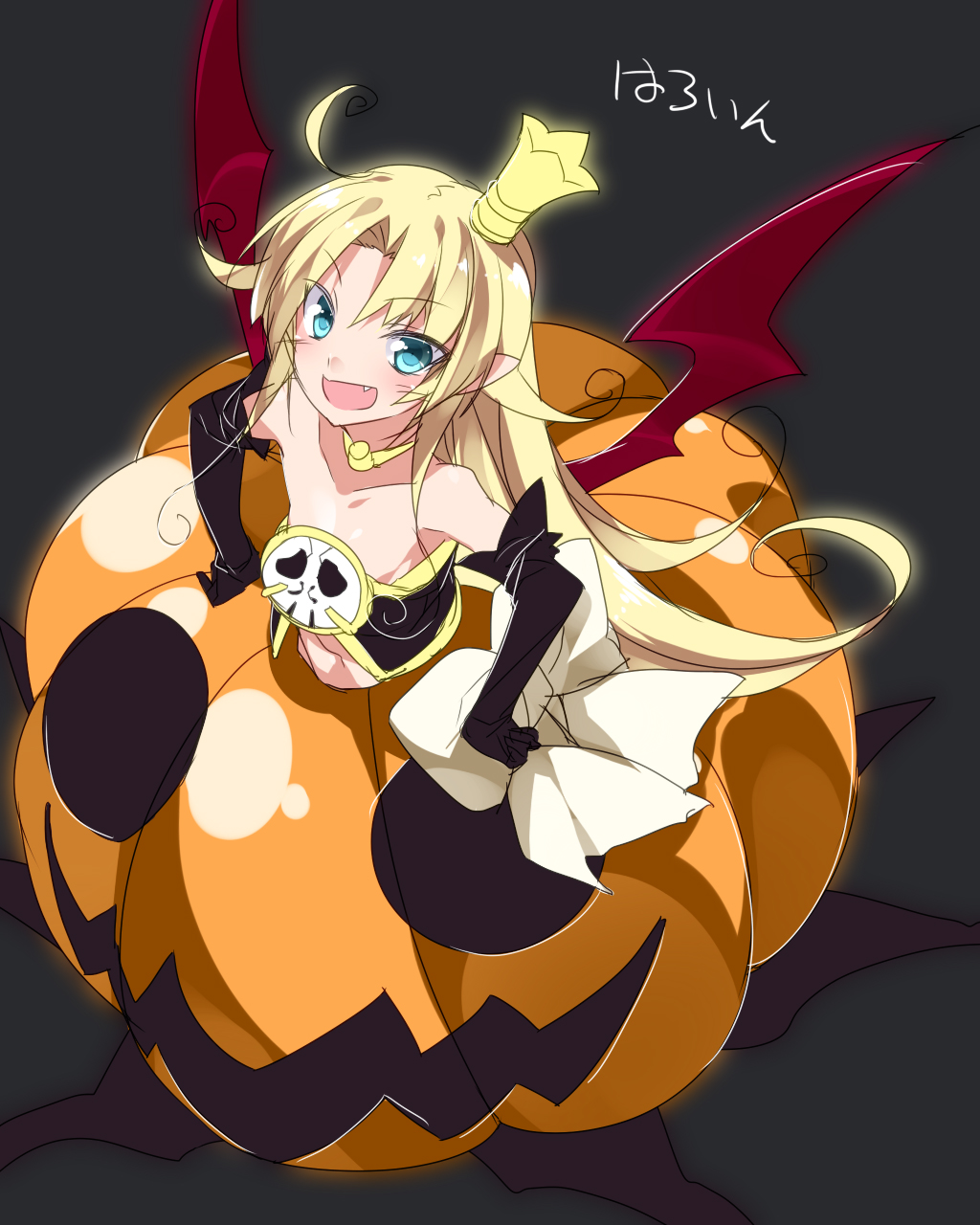1girl, aqua_eyes, bare_shoulders, bat_wings, black_gloves, blonde_hair, blush, choker