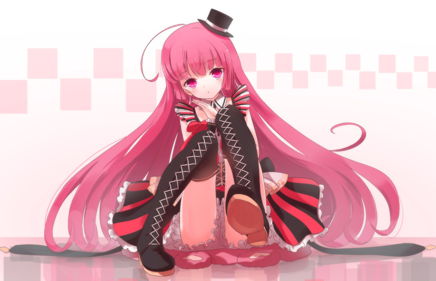 1girl, boots, hat, highres, houjou_sophie, long_hair, mini_hat, mini_top_hat, pink_hair, pripara, ru-wichi, solo, thigh-highs, thigh_boots, top_hat, violet_eyes