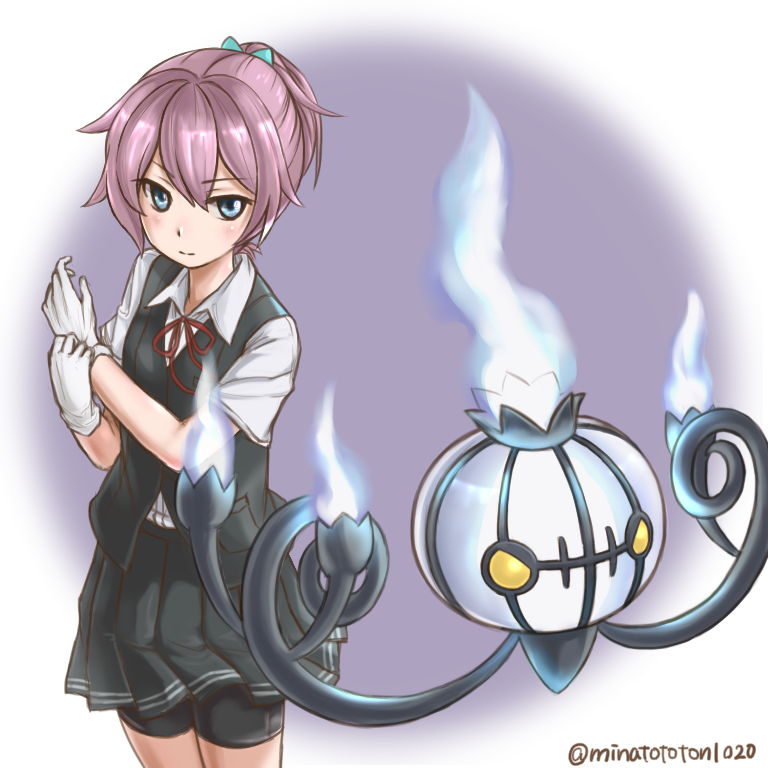 1girl, bike_shorts, black_vest, blouse, blue_eyes, blush, chandelure, commentary_request
