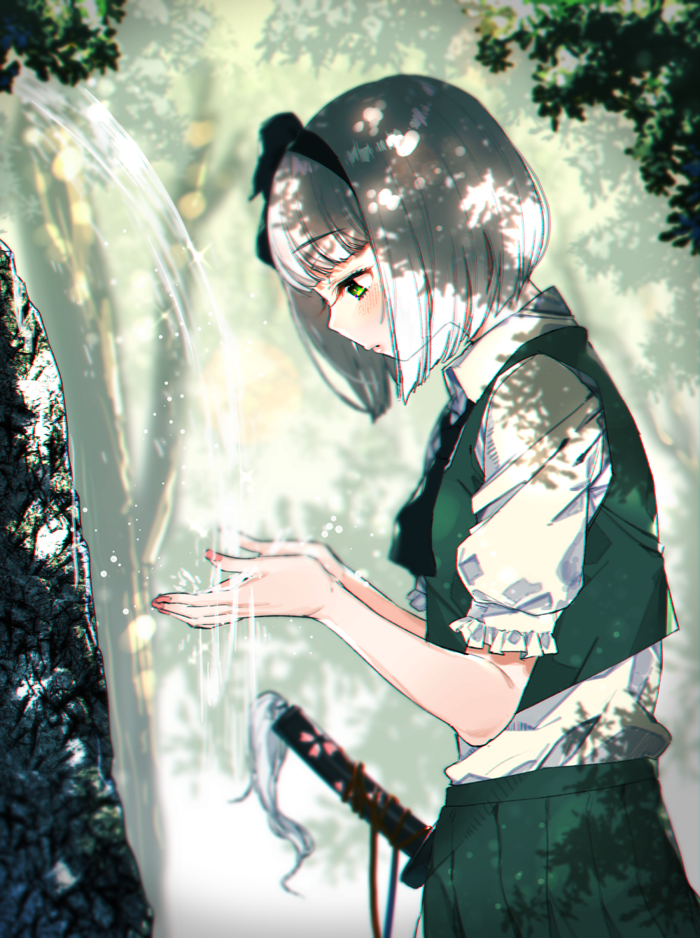 1girl, ascot, black_ribbon, chromatic_aberration, commentary_request, eyebrows, eyebrows_visible_through_hair, forest