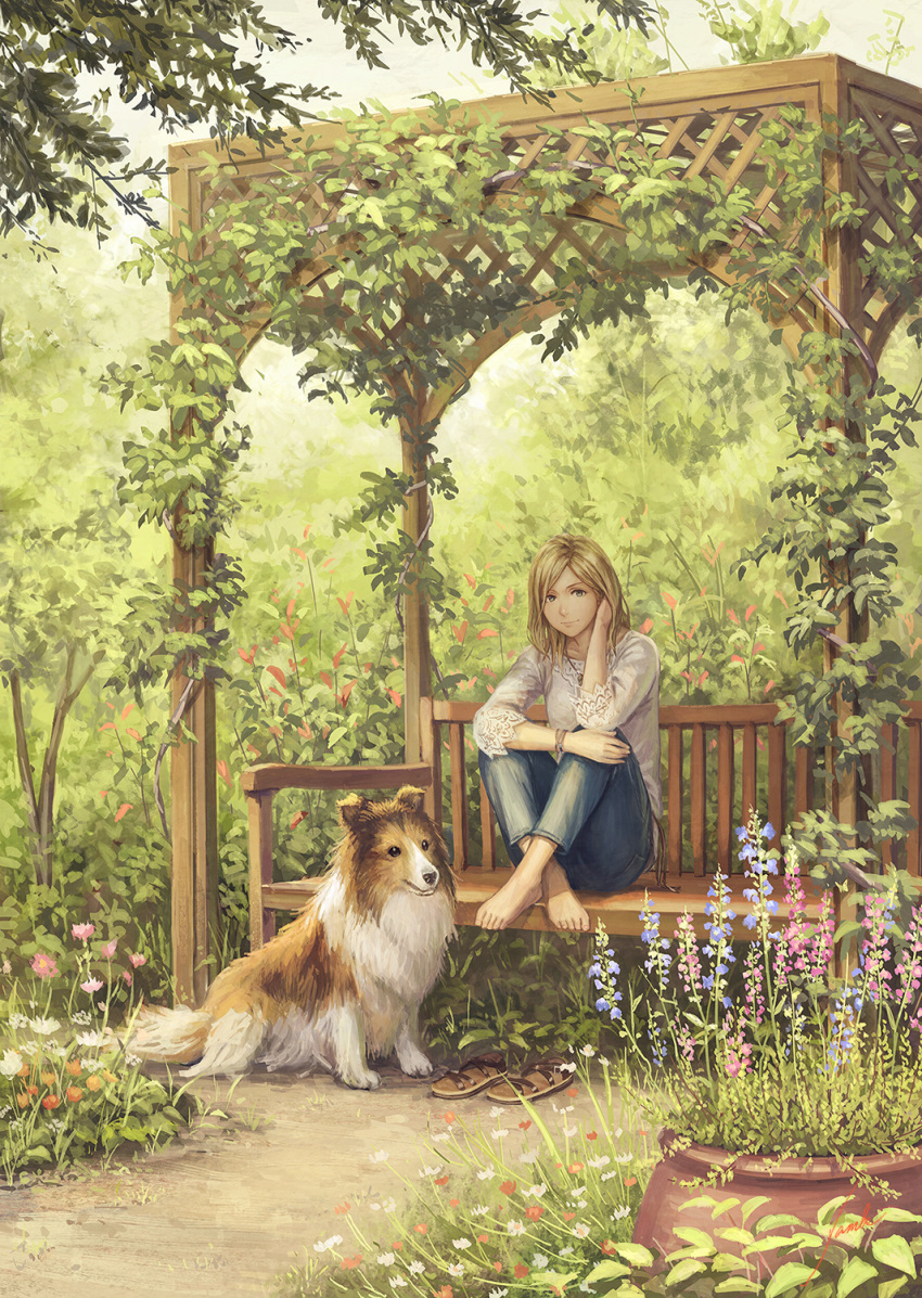 1girl, anbe_yoshirou, barefoot, bench, blonde_hair, blue_eyes, collie_(dog), crossed_ankles