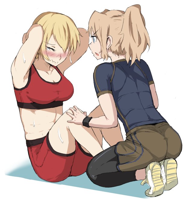 2girls, abs, blonde_hair, blush, breasts, cleavage, darjeeling, exercise