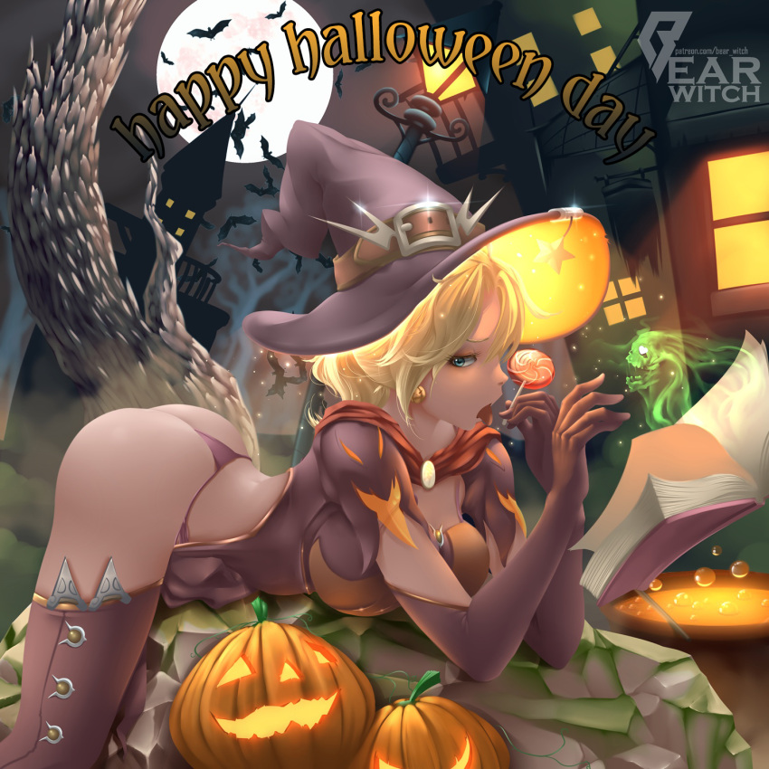 1girl, alternate_costume, artist_name, ass, bat, bearwitch, blonde_hair, blue_eyes