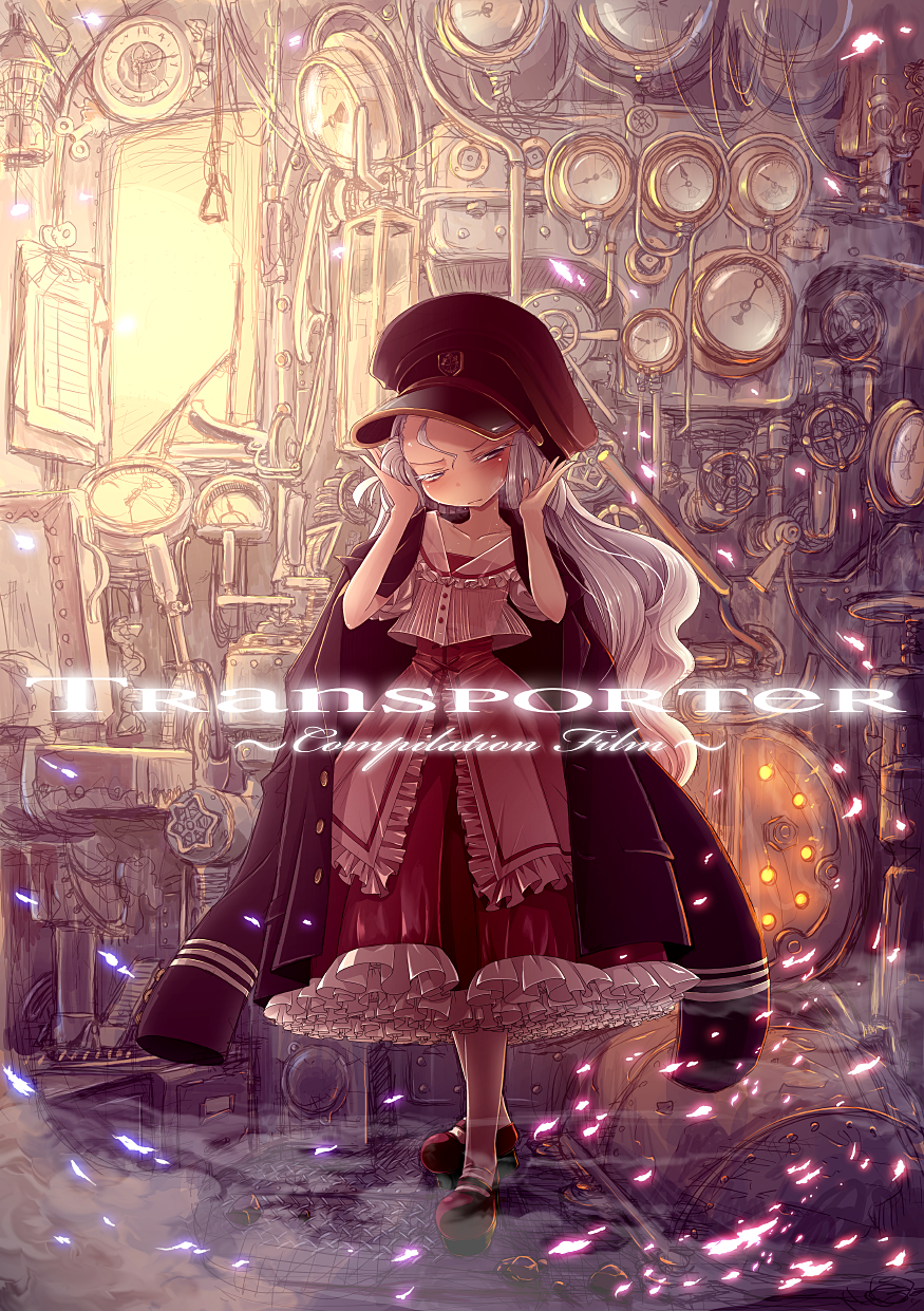 1girl, ahoisy, blue_hair, commentary_request, dress, ground_vehicle, hat, highres, jacket, long_hair, merrybell_truth, oversized_clothes, purple_hair, solo, train, train_interior, transporter_(misutee)