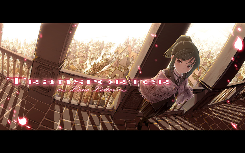 1girl, ahoisy, bell, commentary_request, copyright_name, ground_vehicle, perspective, ponytail