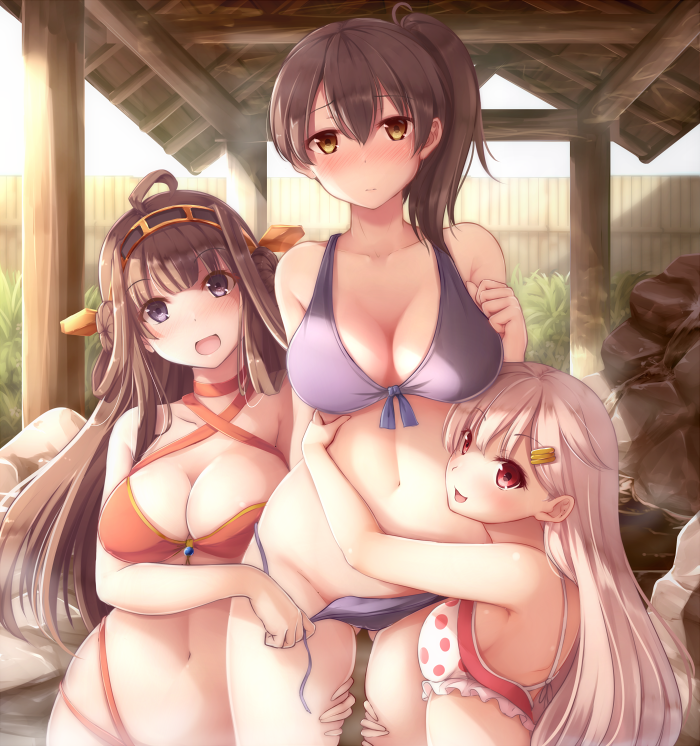 3girls, :d, ahoge, ass_visible_through_thighs, assisted_exposure, bangs, bare_shoulders, bikini