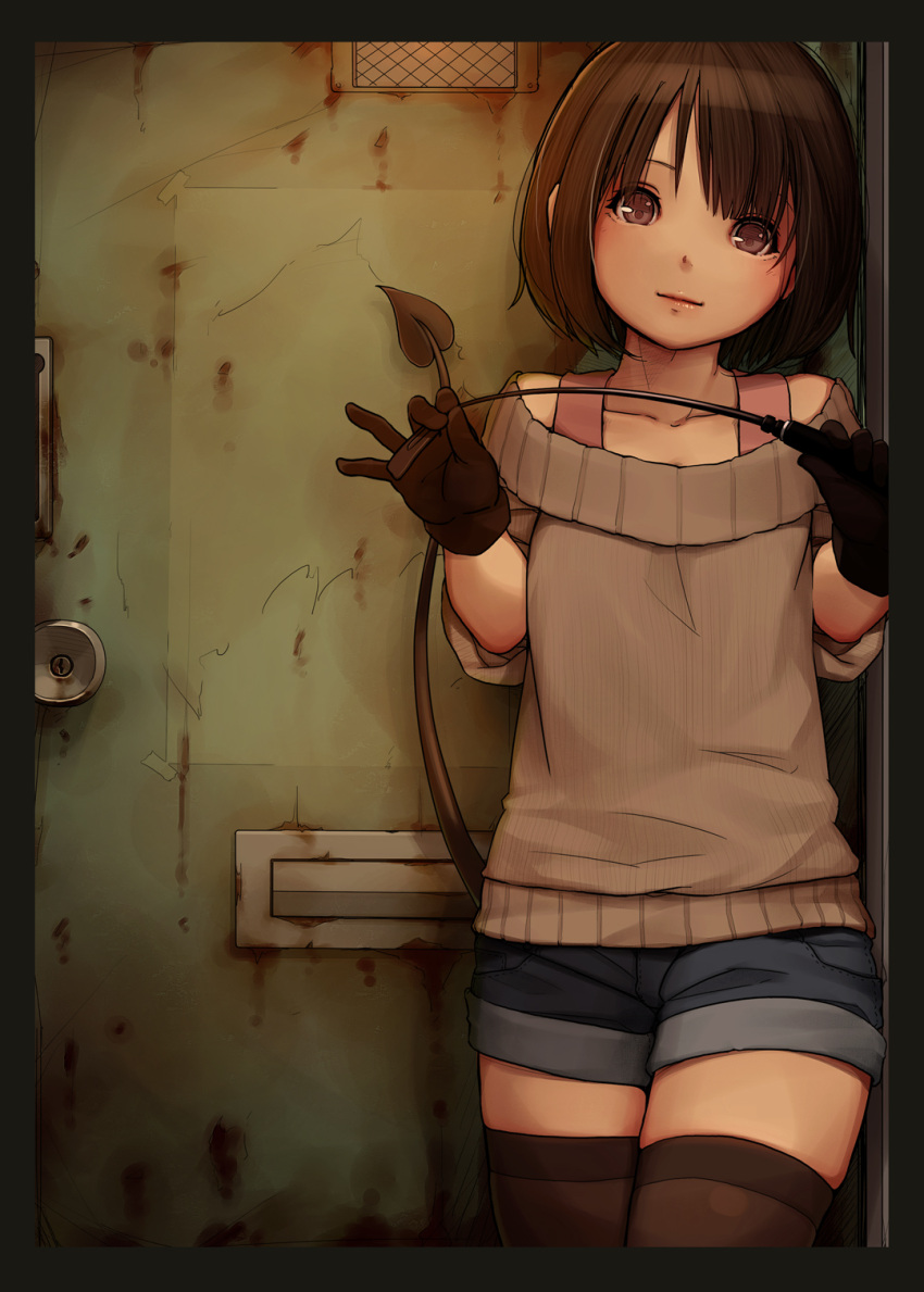 1girl, black_border, black_gloves, blue_shorts, border, brown_eyes, brown_hair, demon_girl