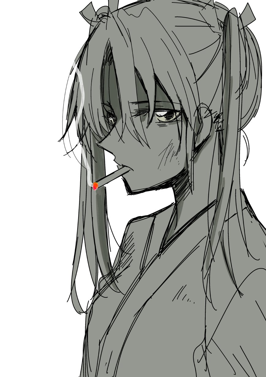 1girl, cigarette, hair_between_eyes, hair_over_shoulder, hair_ribbon, highres, japanese_clothes, kantai_collection