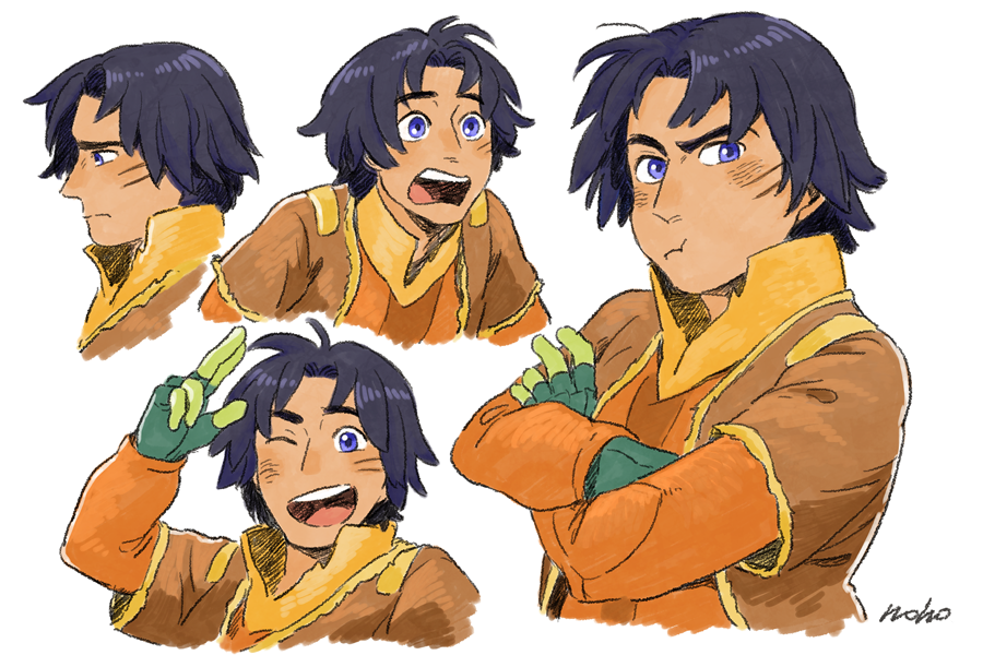 1boy, :t, ;d, blue_eyes, blue_hair, crossed_arms, ezra_bridger, frown, gloves, male_focus, matsuri6373, multiple_views, one_eye_closed, open_mouth, profile, round_teeth, scar, smile, star_wars, star_wars:_rebels, tan, teeth, upper_body