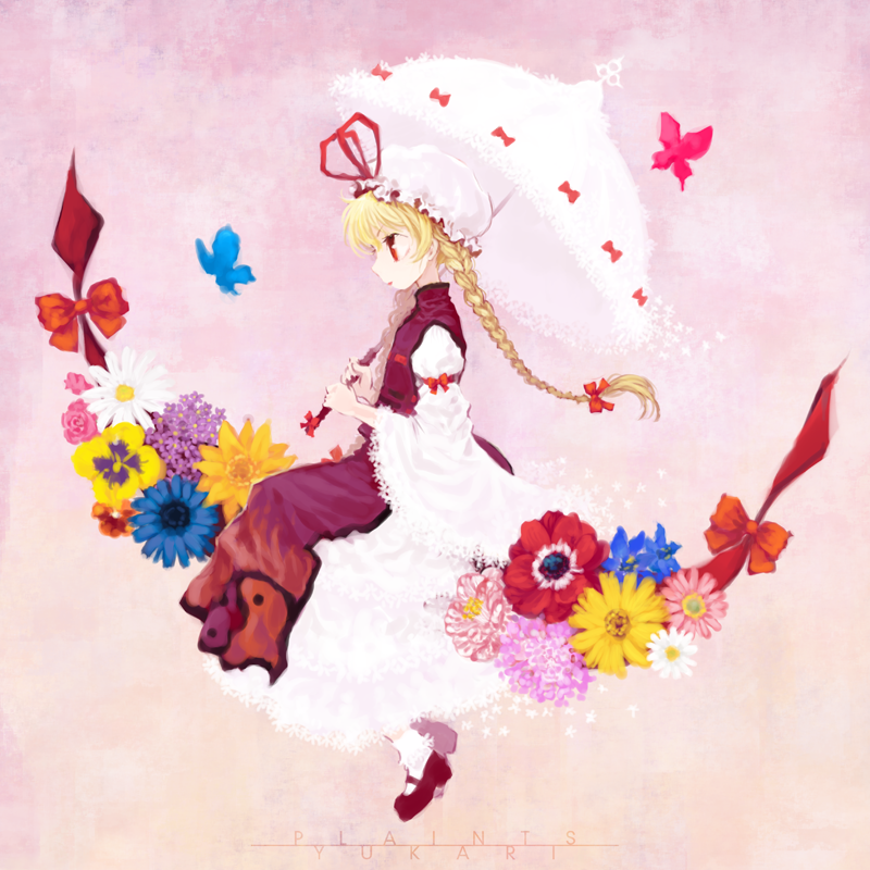 alternate_hairstyle, anemone_(flower), blonde_hair, braid, camellia_(flower), flower, gap, hat