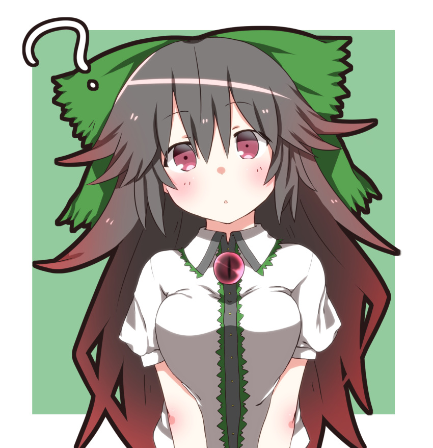1girl, :o, ?, black_hair, blush, bow, breast_squeeze, breasts