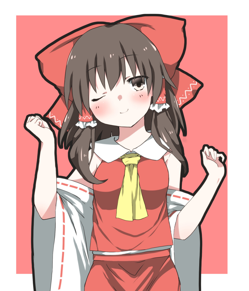 1girl, ;), ascot, bare_shoulders, blush, bow, breasts, brown_eyes