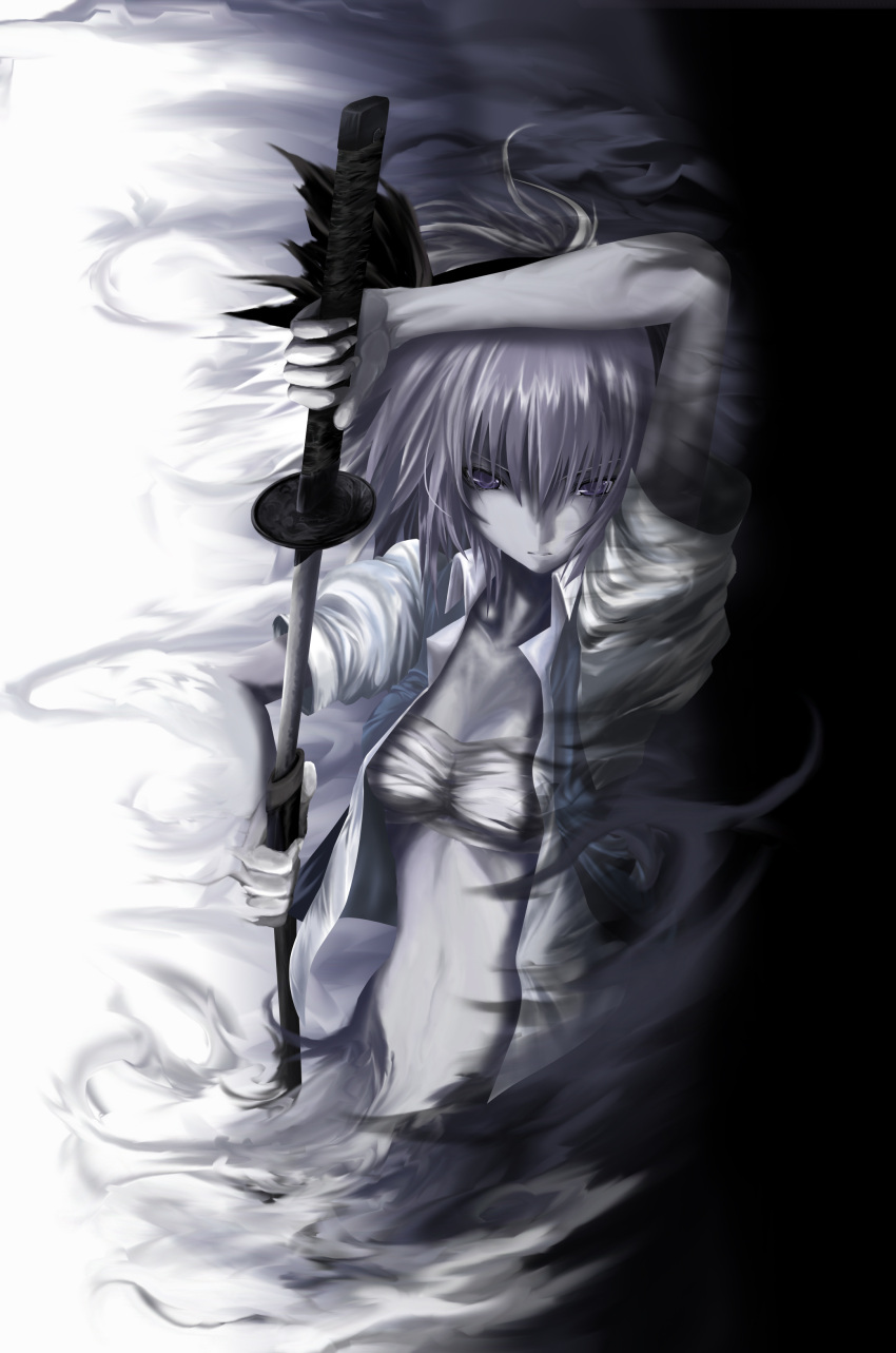 1girl, absurdres, breasts, cleavage, grey_hair, highres, holding, holding_sword