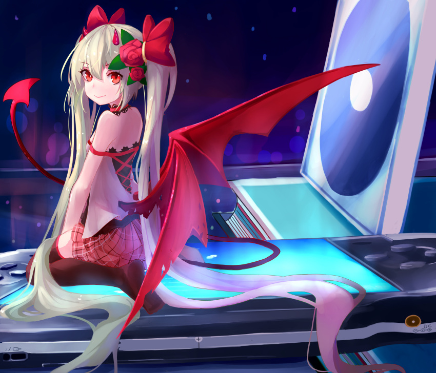 1girl, absurdly_long_hair, absurdres, black_legwear, bokujuu, collar, demon_girl, demon_tail
