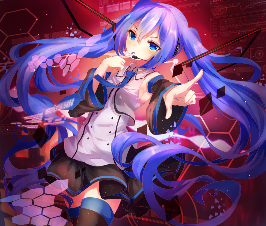 1girl, absurdres, black_legwear, black_skirt, blue_eyes, blue_hair, bokujuu, detached_sleeves