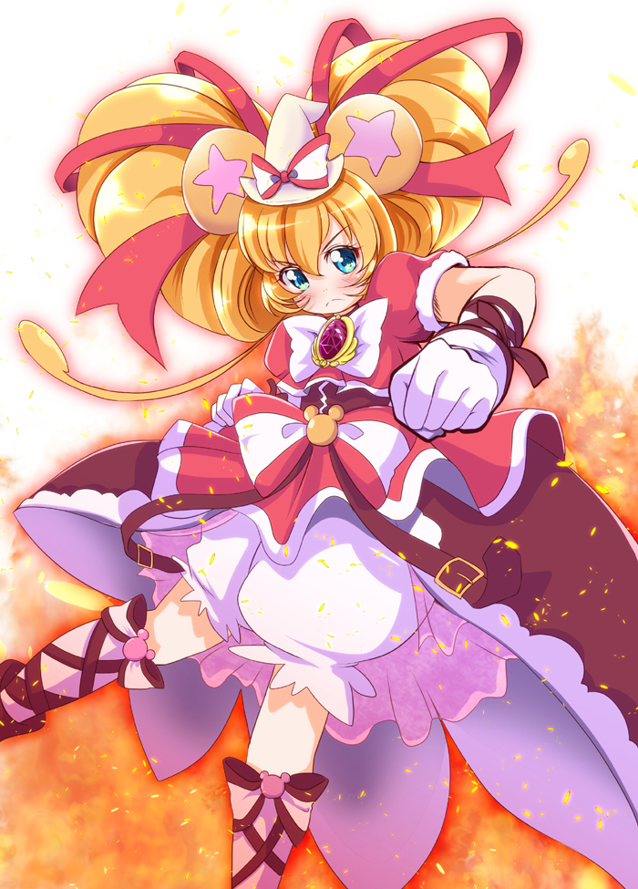 1girl, animal_ears, bear_ears, bloomers, blue_eyes, bow, brooch, clenched_hand