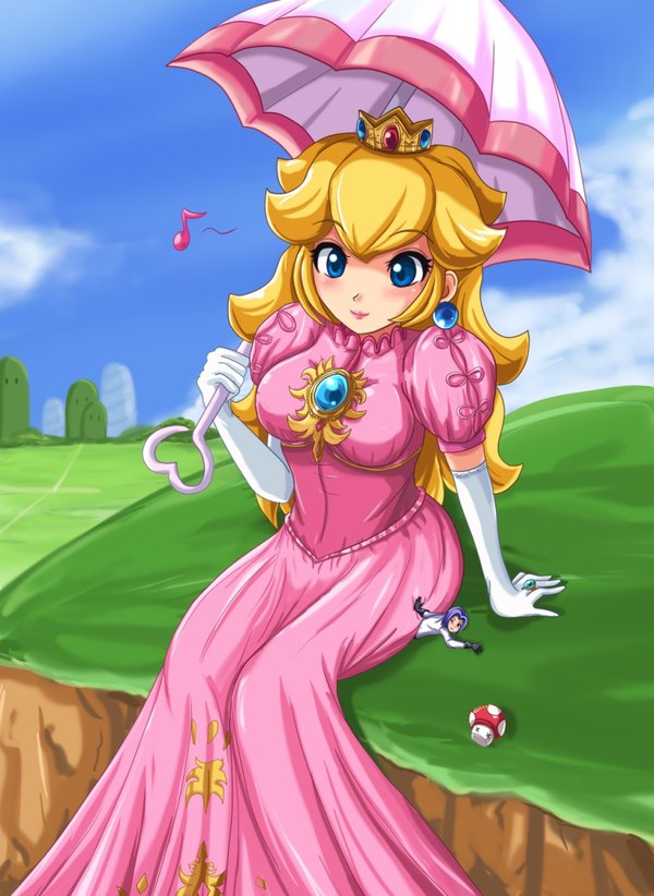 blue_eyes, breasts, crossover, dress, earring, earrings, giantess, gloves, jewelry, kojirou_(pokemon), miniboy, mushroom, musical_note, nintendo, pokemon, pokemon_(anime), princess_peach, pun, ring, sigurdhosenfeld, sitting, super_mario_bros., team_rocket, too_literal, umbrella, when_you_see_it