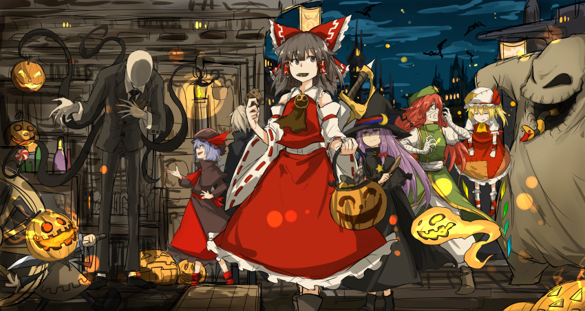 5girls, character_request, flandre_scarlet, hakurei_reimu, highres, hong_meiling, jack-o'-lantern, kan_(aaaaari35)