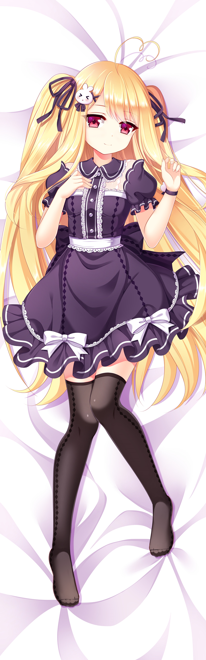 1girl, ahoge, black_legwear, blonde_hair, character_request, dakimakura, dress, highres