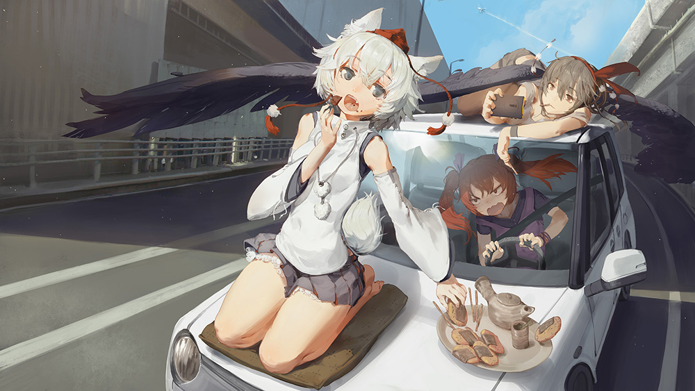 animal_ears, barefoot, black_hair, black_wings, car, driving, eating, ground_vehicle