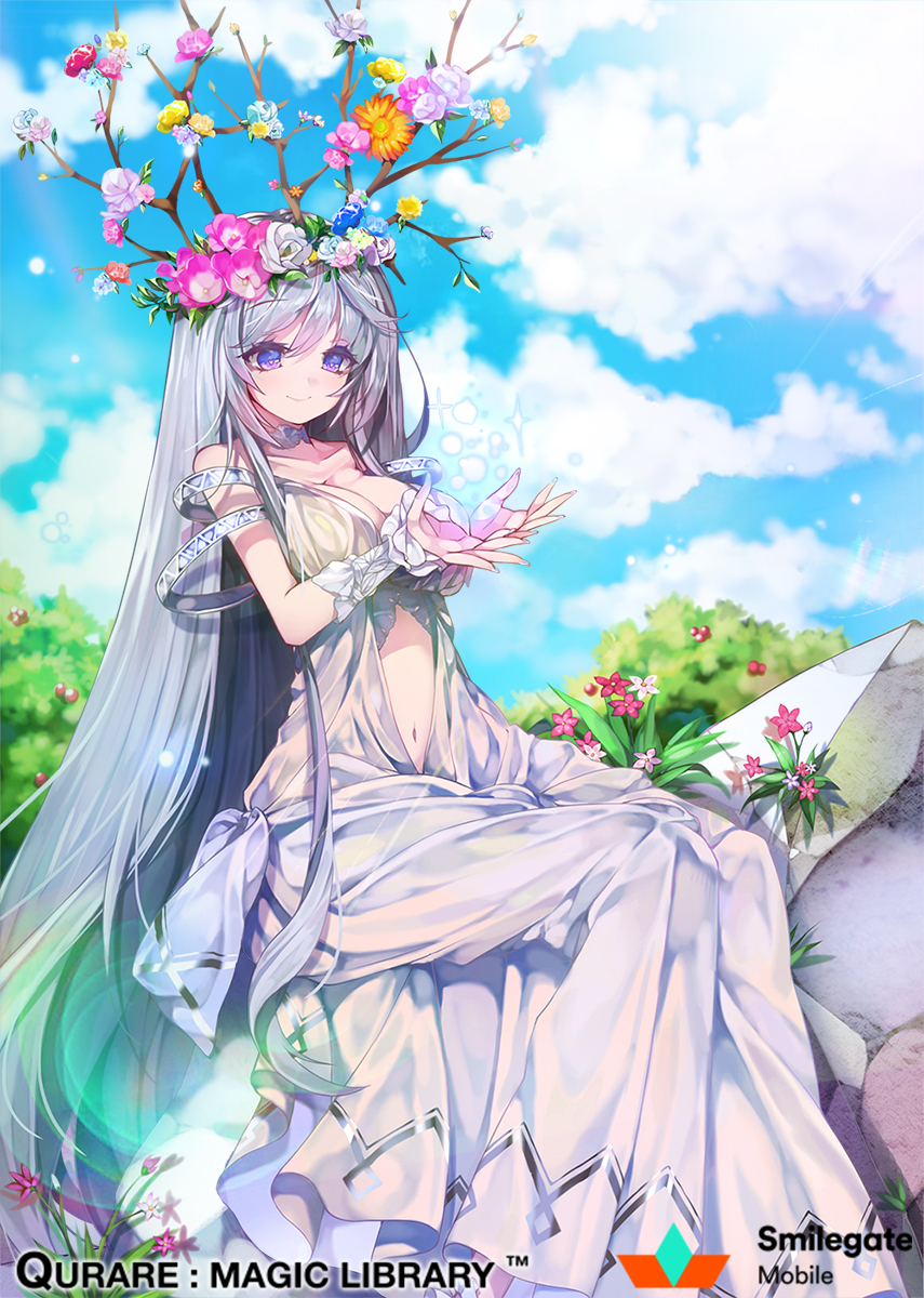 antlers, bangs, branch, breasts, choker, clouds, cloudy_sky, copyright_name
