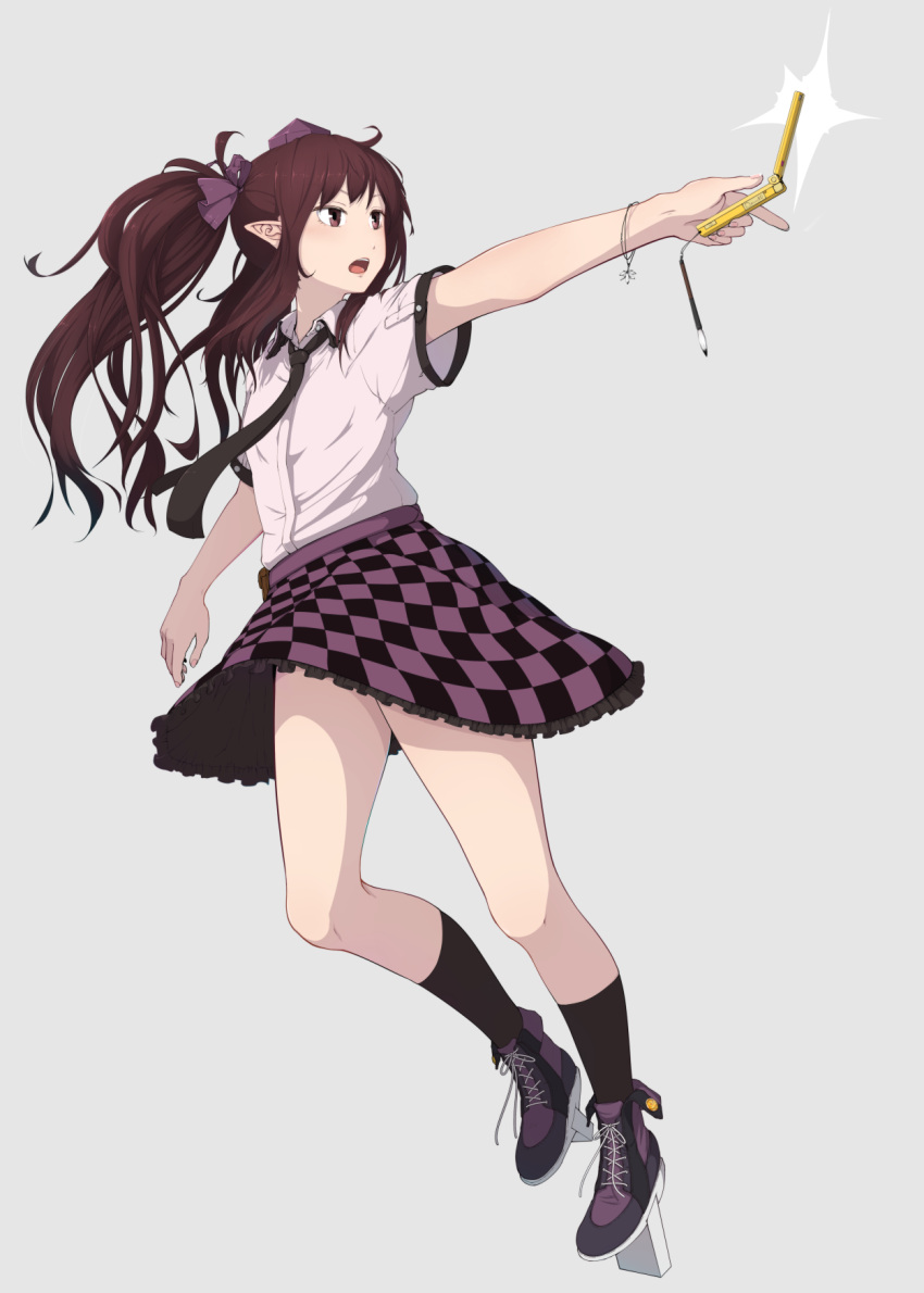 1girl, :o, alternate_footwear, bare_arms, black_legwear, black_necktie, bracelet, brown_hair