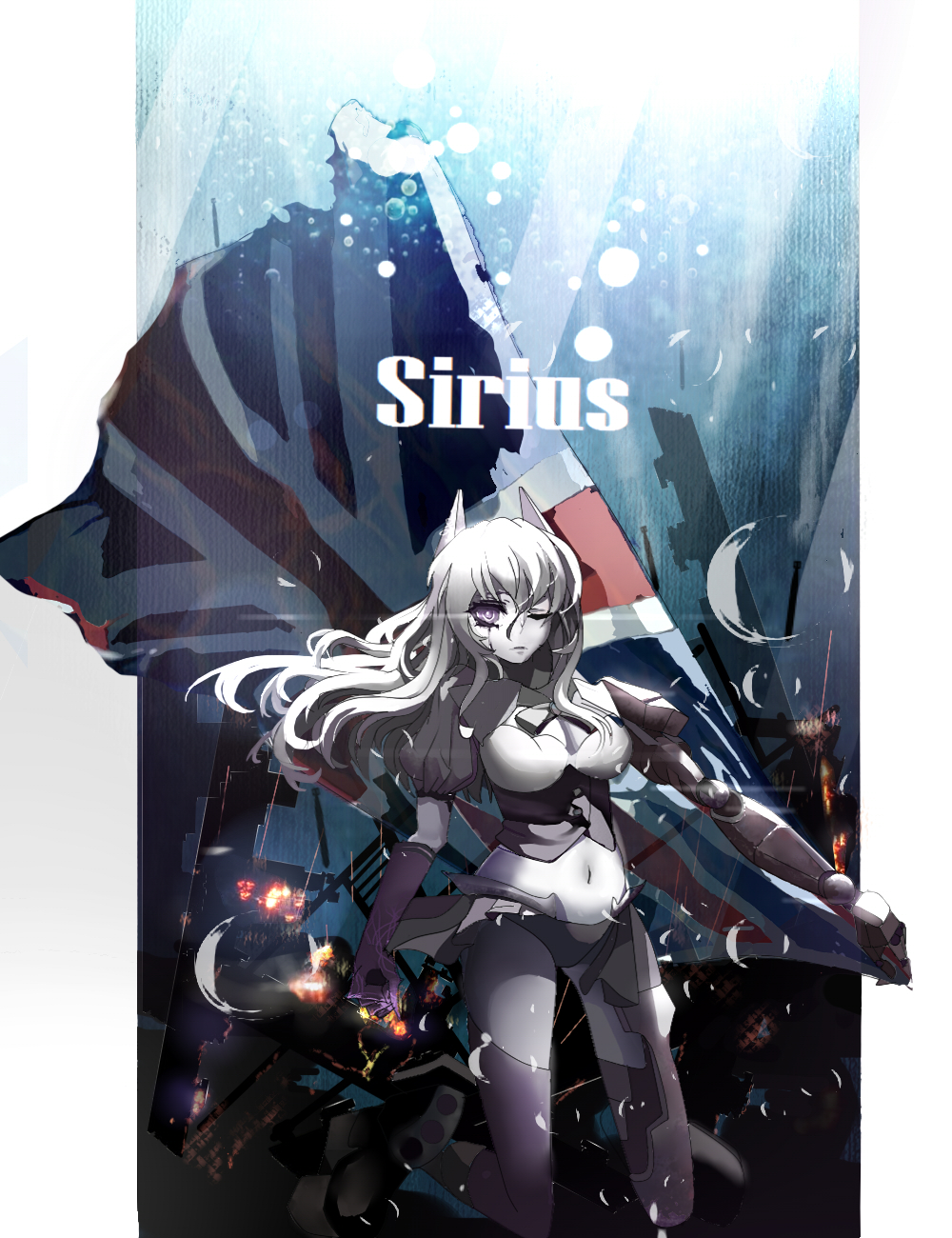 1girl, black_panties, breasts, character_name, cleavage, cleavage_cutout, dark_persona, edenland, flag, full_body, hair_between_eyes, highres, horns, kneeling, long_hair, mechanical_arm, midriff, navel, one_eye_closed, panties, parted_lips, puffy_short_sleeves, puffy_sleeves, shinkaisei-kan, short_sleeves, single_glove, sirius_(zhan_jian_shao_nyu), solo, tears, text, thigh-highs, underwear, union_jack, violet_eyes, wavy_hair, white_hair, white_skin, zhan_jian_shao_nyu