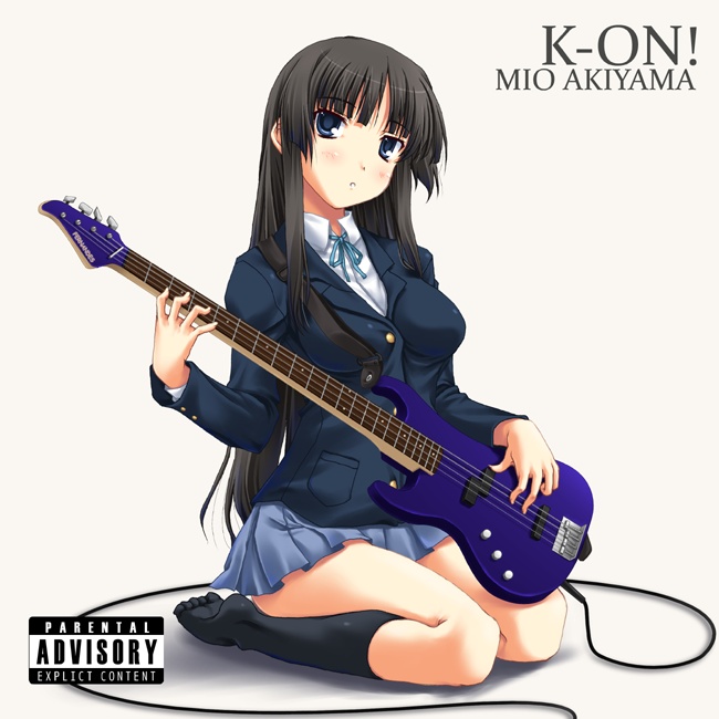 :o, album_cover, bangs, bass_guitar, black_eyes, black_hair, black_kneehighs, black_legwear