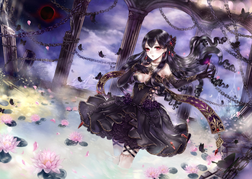 1girl, arcade_(architecture), arch, bangs, black_butterfly, black_dress, black_gloves, black_hair