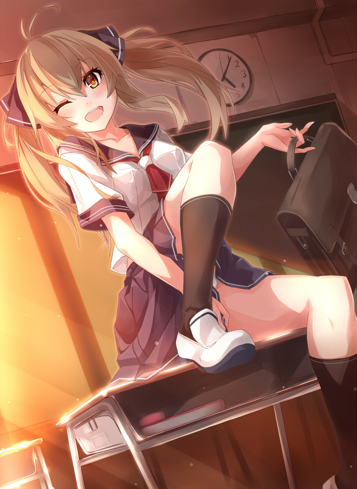 1girl, bag, black_legwear, black_ribbon, blue_skirt, classroom, clock, collarbone
