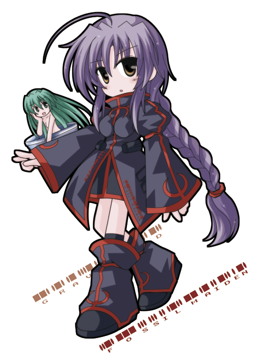 2girls, ahoge, blush, braid, character_name, eyebrows, eyebrows_visible_through_hair, fossil_maiden