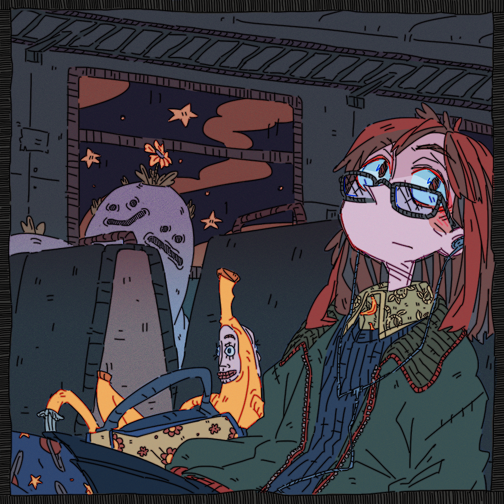 1girl, bag, banana, blue_skirt, brown_eyes, brown_hair, collar, earphones, expressionless, food, fruit, glasses, ground_vehicle, hands_in_pockets, hood, hoodie, leaning_back, limited_palette, long_hair, looking_up, muted_color, night, night_sky, open_clothes, open_hoodie, original, pleated_skirt, sitting, sketch, skirt, sky, smr03, solo_focus, star_(sky), starry_sky, sweater, train, train_interior