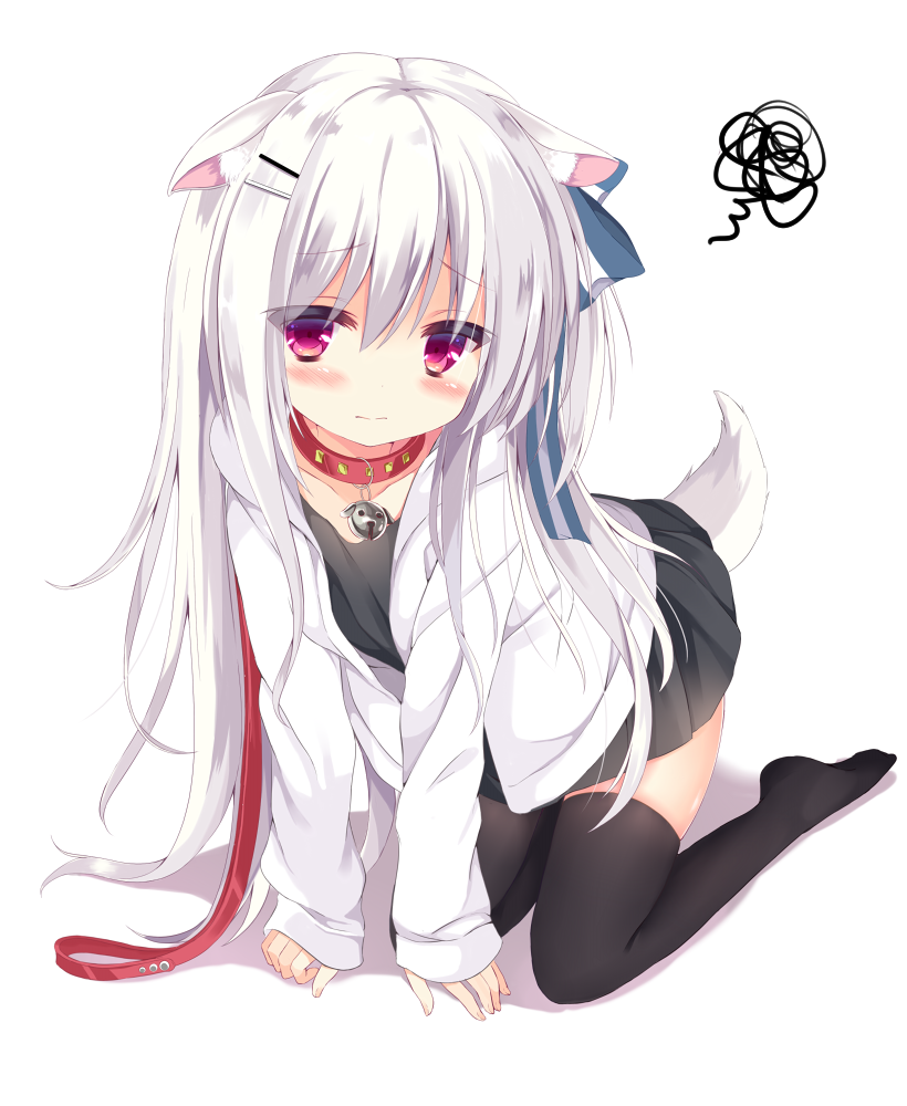 1girl, all_fours, animal_ears, bell, black_dress, black_legwear, blush, coat, collar, dan_ball, dog_ears, dog_tail, dress, hair_ornament, hairclip, jingle_bell, leash, long_hair, no_shoes, original, red_eyes, ribbon, side_ponytail, silver_hair, skirt, solo, squiggle, tail, thigh-highs