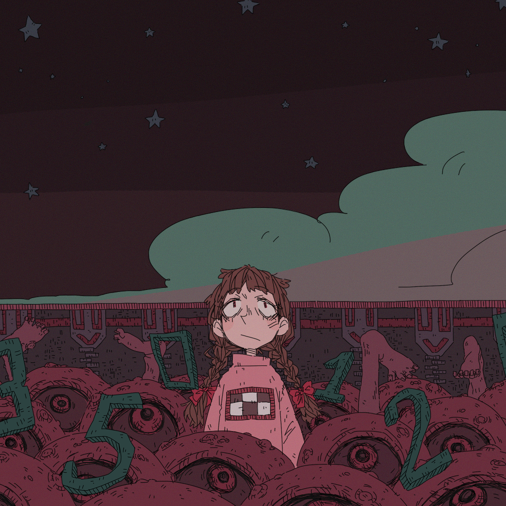 1girl, :/, blush, bow, braid, brown_eyes, brown_hair, clouds, digits, expressionless, hair_bow, limited_palette, looking_up, madotsuki, muted_color, red_bow, sketch, sky, smr03, solo, standing, star_(sky), starry_sky, sweater, twin_braids, upper_body, yume_nikki