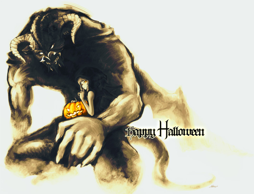 carrying, halloween, highres, hood, monster, original, pumpkin, shh