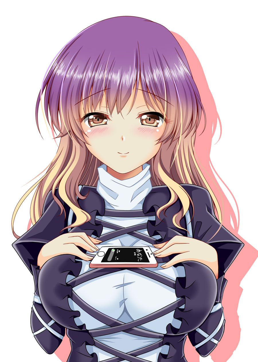1girl, blonde_hair, blush, breast_suppress, breasts, brown_eyes, cellphone, closed_mouth