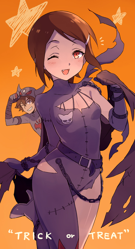 1boy, 1girl, ;d, armband, asymmetrical_clothes, belt, bracelet, breasts, brother_and_sister, brown_hair, buckle, chain, devimon, devimon_(cosplay), digimon, digimon_adventure_tri., elbow_gloves, fang, gloves, grin, hair_ornament, hairclip, halloween, halloween_costume, high_heels, horns, jewelry, ladydevimon, ladydevimon_(cosplay), leg_up, one_eye_closed, open_mouth, orange_background, red_eyes, shiny, shiny_hair, shiny_skin, short_hair, siblings, sidelocks, simple_background, skindentation, small_breasts, smile, star, toku_(ke7416613), torn_clothes, trick_or_treat, yagami_hikari, yagami_taichi